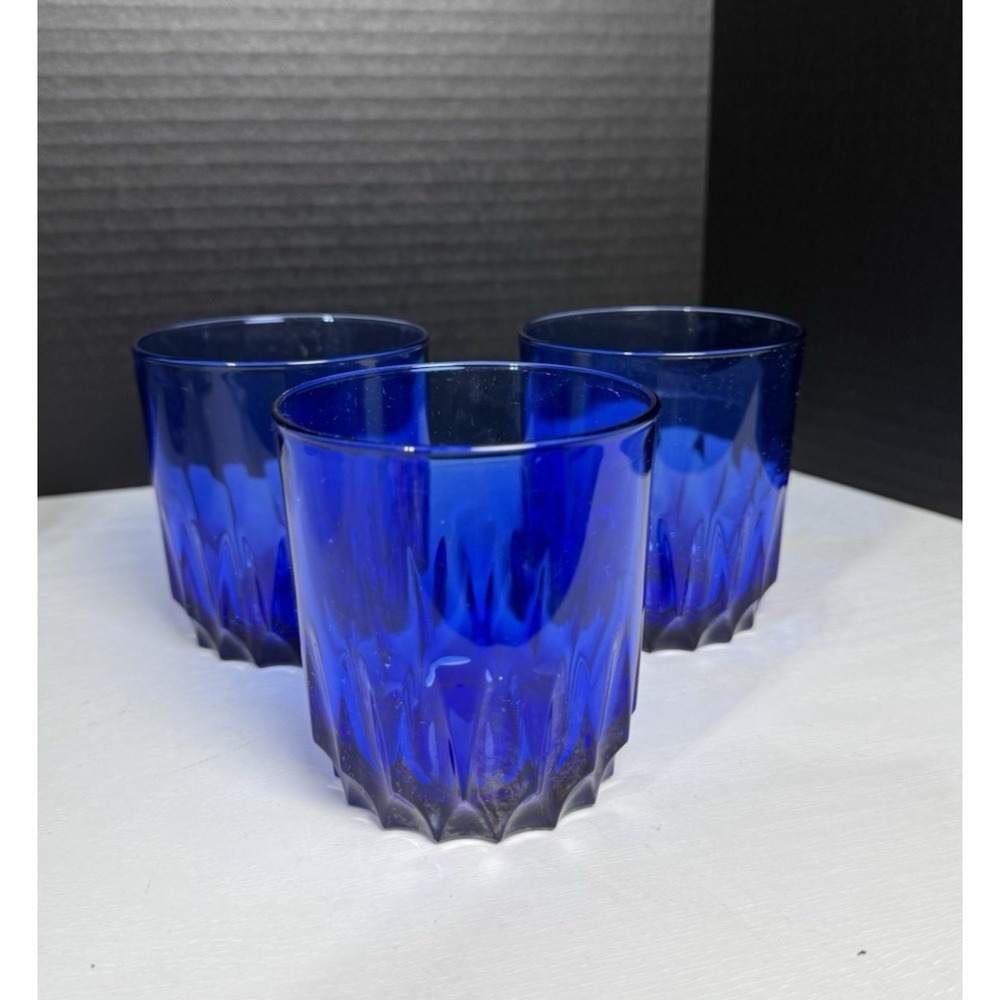 3 Luminarc Arcoroc Cobalt Blue Glasses 3.5" Tall 8 Oz  Made in‎ France Barware